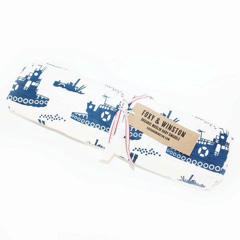 Baby Swaddle in Organic Muslin - Tugboats