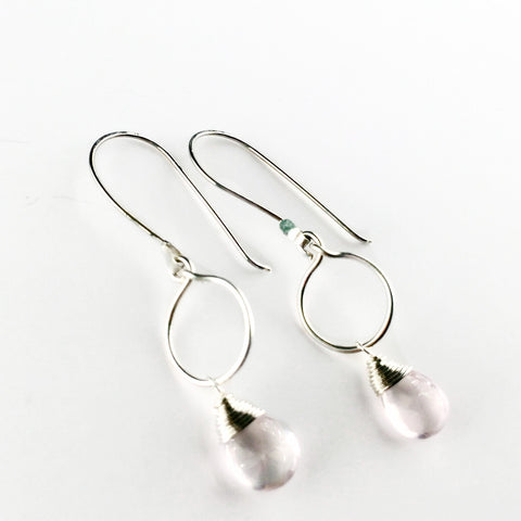 Tiny Drop Earrings - Rose Quartz/Silver