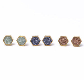 Brass and Glitter Hex Studs - Charcoal